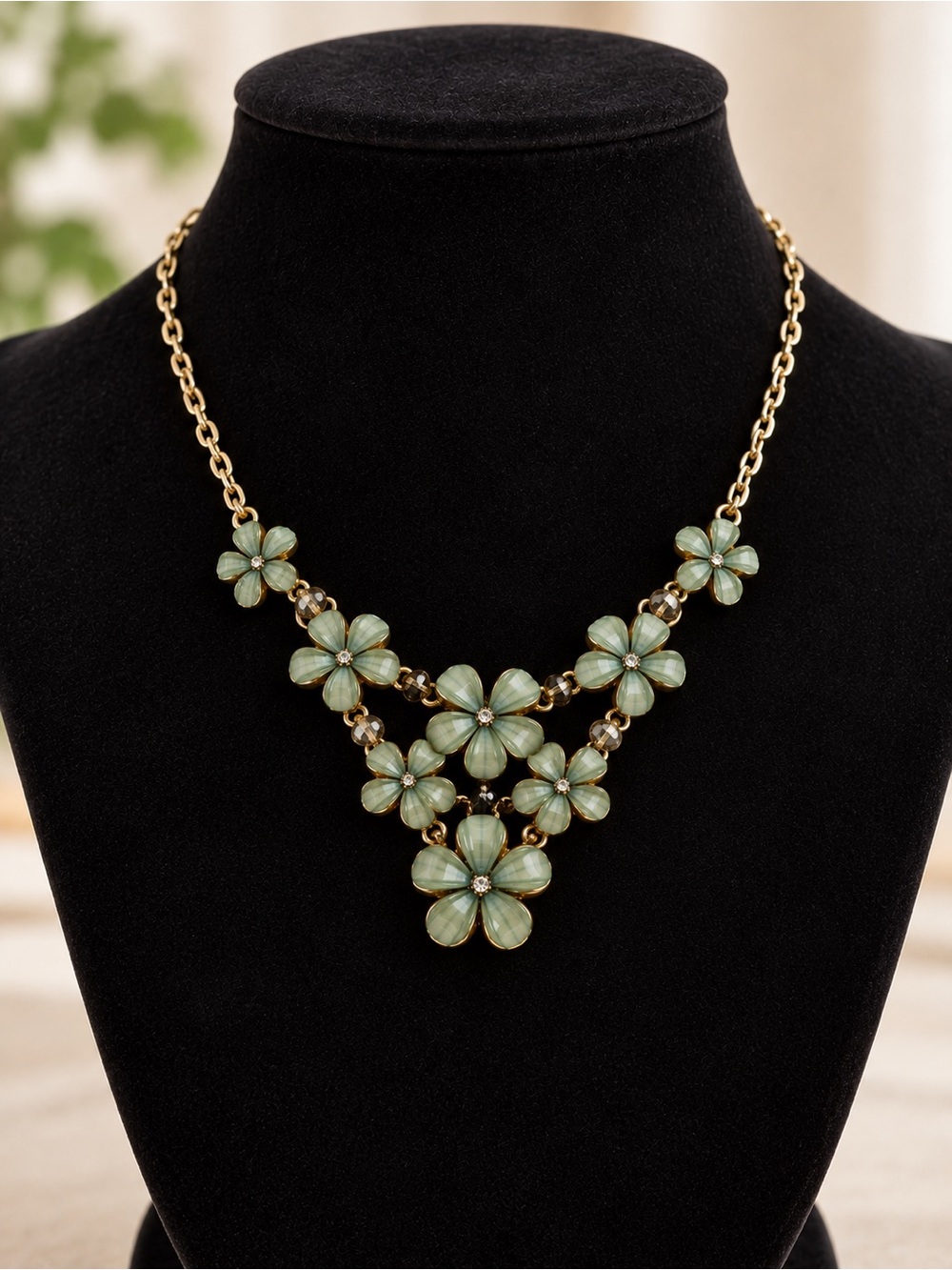Sage Green Floral Statement Necklace Gold Tone Adjustable